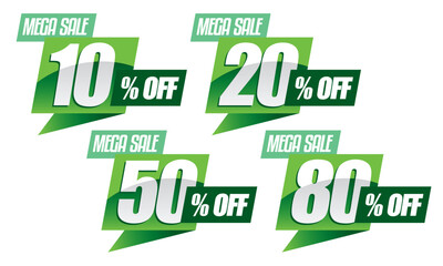 Discount label with varying sale percentage. 10, 20, 50, 80 percent off. Promotion design - vector illustration isolated on white background - Green
