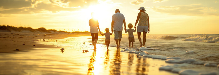 A multigenerational family strolls along the water's edge, collecting seashells and creating cherished memories amidst the golden sunset. - obrazy, fototapety, plakaty