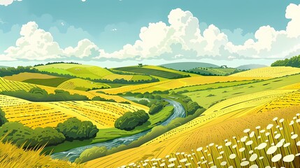 Yellow and green field river illustration poster background