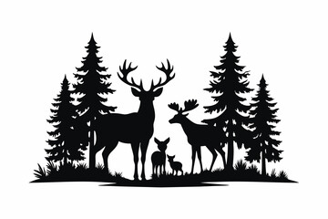 black and white forest landscape with reindeer - obrazy, fototapety, plakaty