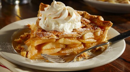 The finishing touch on a slice of apple pie is a spoonful of tangy sour cream, its creamy whites melting into the warm filling for a sublime flavor combination no dust - obrazy, fototapety, plakaty