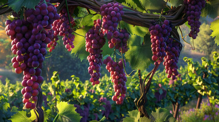 Bunch of grapes hanging from a vine in vineyard. The grapes are ripe and ready to be picked....