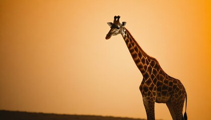 A tall giraffe standing calmly, its outline filled with the orange hues of a setting sun, all presented on a clean, plain background to focus on the graceful form
