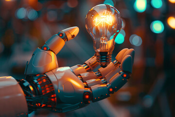 Conceptual vision of an AI robot hand, gently supporting a levitating light bulb, representing the fusion of technology and creativity - obrazy, fototapety, plakaty