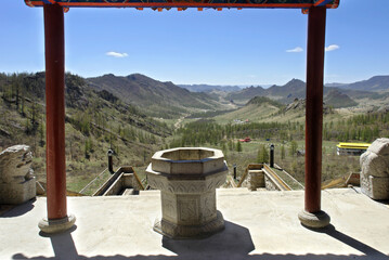 View of the Ariyabal Meditation temple in Gorkhi Terelj National Park 