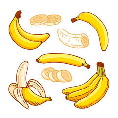 set of bananas. Collection of cartoon bananas whole and sliced isolated on a white background. For printing, product design, market, logo. Line, contour. Doodle.