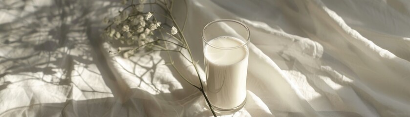 The comforting sight of a full glass of fresh milk, placed on a pristine, crisp white tablecloth, invites a moment of peaceful reflection no dust