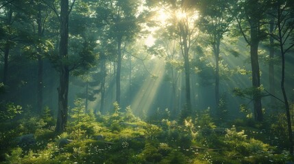 preserved forest natural wood, thick tree trunks, realistic self, sun rays in the dew - obrazy, fototapety, plakaty