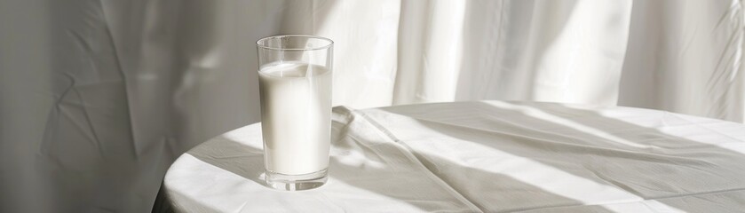 The comforting sight of a full glass of fresh milk, placed on a pristine, crisp white tablecloth, invites a moment of peaceful reflection no dust