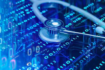 clean technology background adorned with binary code patterns, US dollars, and a stethoscope, representing the fusion of finance, healthcare, and digital innovation,