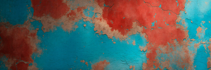 Wall background with peeling grunge blue and orange pattern. In banner format.