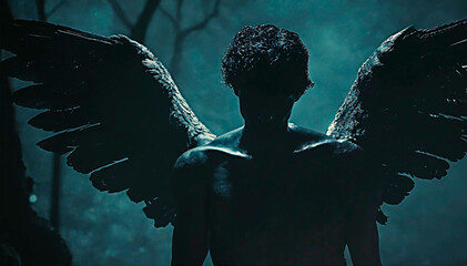 Silhouette of a mysterious male angel in dark night. Concept of fallen angel.