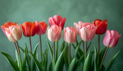 Beautiful bouquet of pink and red tulips in a vase against a vibrant green background