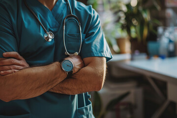 professional photo of doctor man standing in a hospital setting, with a hand, stethoscope, and healthcare-related items on mockup, ideal for insurance company promotions or medical - obrazy, fototapety, plakaty