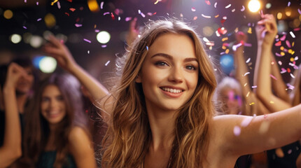 Portrait of beautiful young woman dancing at a party in the nightclub