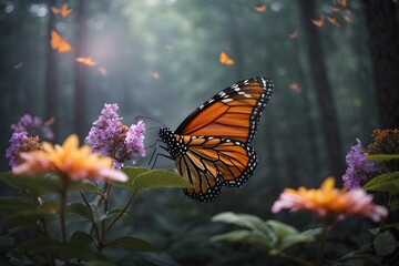 monarch butterfly on flower in nature, deep forest, soft light, fog.