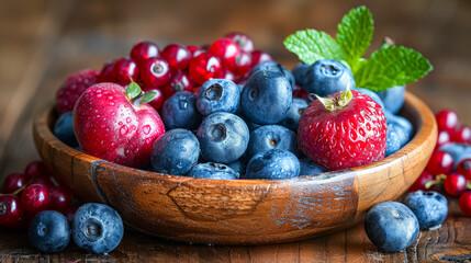 A bowl of mixed berries including blueberries, raspberries, and strawberries. The bowl is on a wooden table - Powered by Adobe
