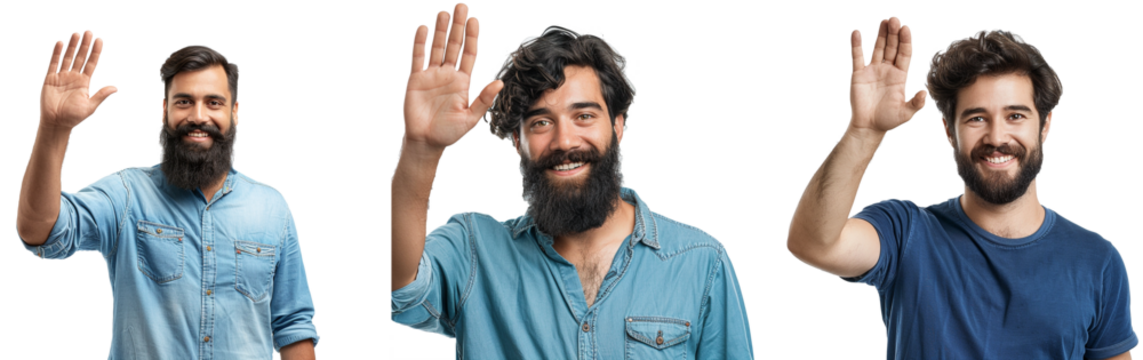 Hello, welcome! Portrait of happy young adult dark haired bearded man in blue shirt raising palm to wave hi