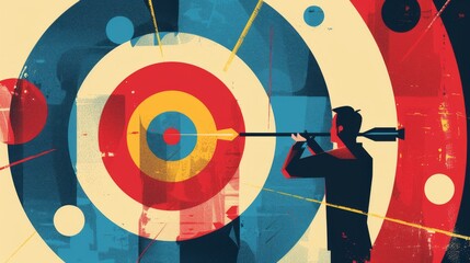 Conceptual Illustration of a Man with a Sniper Rifle Aiming at a Bullseye Target - obrazy, fototapety, plakaty