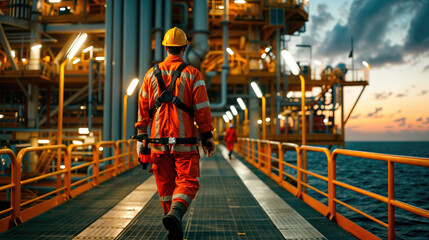 A man in a hard hat walks along a platform with a drilling rig in the background.