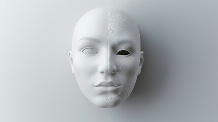 Conceptual Image of a White Mask Split Between a Smooth and Cracked Texture