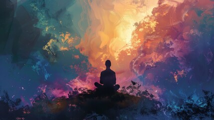Silhouette of a Person Meditating in a Colorful Abstract World Full of Flora and Fauna