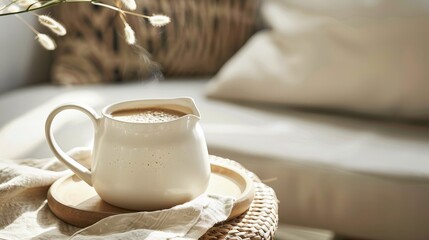 In the warmth of the morning light, a pitcher filled with oat milk, its color a gentle soft brown, promises a comforting start to the day no dust