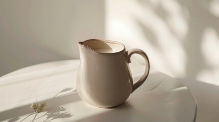 In the warmth of the morning light, a pitcher filled with oat milk, its color a gentle soft brown, promises a comforting start to the day no dust - obrazy, fototapety, plakaty