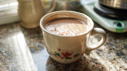 On a cold evening, a mug of hot chocolate enriched with evaporated milk, its soft beige hue promising warmth and comfort, stands on the kitchen table no dust