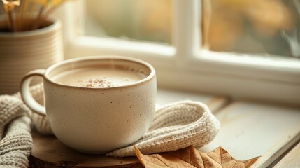 In the soft glow of the evening, a mug warmed with oat milk, its soft browns comforting and familiar, brings a gentle close to the day low noise - obrazy, fototapety, plakaty