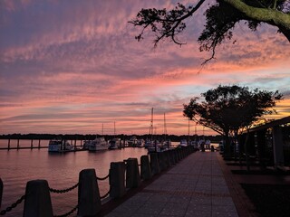 Scenic view of Henry C Chambers Waterfront Park during golden hour in Beaufort, SC.