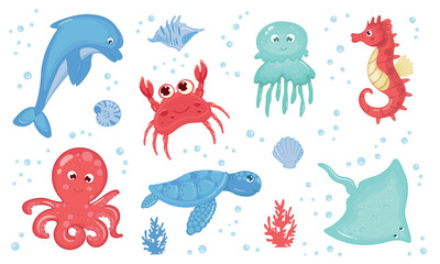 Sea animals cute set isolated on white background. Vector illustration of octopus, stingray, jellyfish, crab, dolphin, seahorse, turtle, seashells. Style for children. Marine life, sea world.