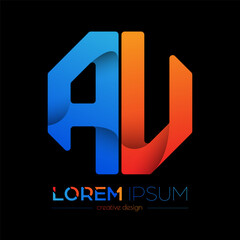 Letters of the alphabet A and U. The color letter composition of the octagon. A template for a logo, monogram, brand, or stand. A creative idea