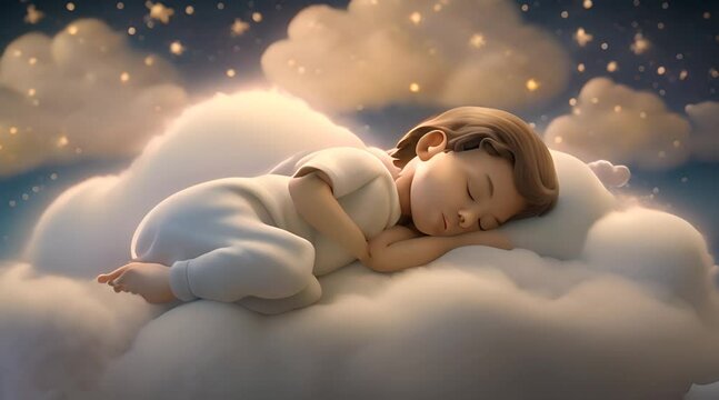 a child is sleeping quietly with his eyes closed on a soft cloud with a background of twinkling stars