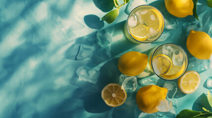 Bright summer background with lemons, green leaves, ice and lemonade on a blue background with copy space.  Fresh and healthy summertime beverage. 