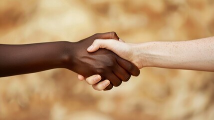 A symbolic image of a black and white man shaking hands, symbolizing unity and collaboration. The blurred background emphasizes their handshake, signifying cooperation between different ethnicities.