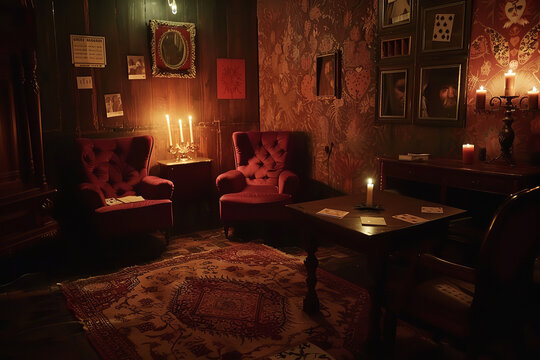 A mysterious, candle-lit room where a role-playing game session unfolds, filled with suspense and collaborative storytelling