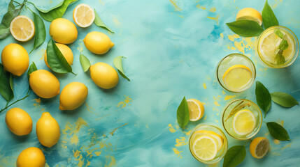 Bright summer background with lemons, green leaves, ice and lemonade on a blue background with copy space.  Fresh and healthy summertime beverage. 