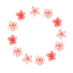 Round watercolor frame with pink flowers. Hand drawn frame with space for text. Botanical illustration with cute pink flowers, sakura. Congratulation, postcard, invitation