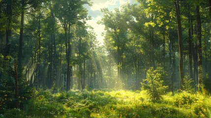 preserved forest natural wood, thick tree trunks, realistic self, sun rays in the dew