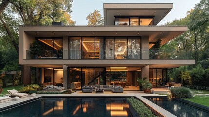 photo of modern house with a pool in the summer - obrazy, fototapety, plakaty