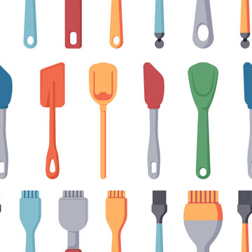 Silicone spatula cooking brushes vector cartoon seamless pattern.
