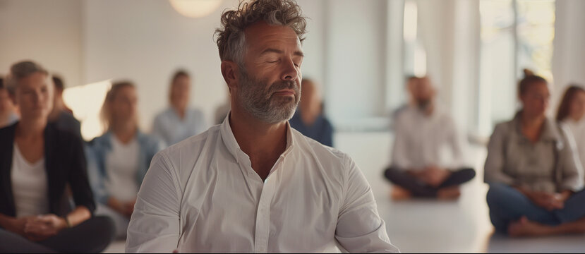 Mann sitzt auf dem Boden und meditiert mit anderen Kursteilnehmern