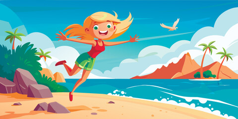 Fototapeta na wymiar a young girl springs to joy against a seascape background