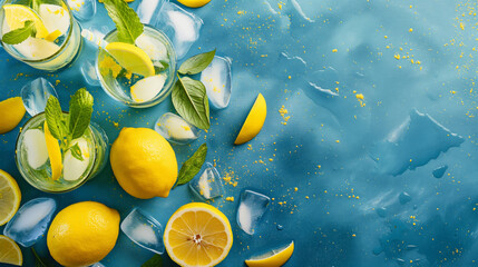 Bright summer background with lemons, green leaves, ice and lemonade on a blue background with copyspace. Fresh and healthy summertime beverage. 