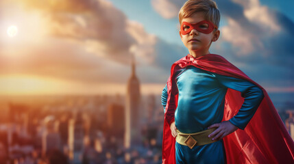 A child dressed as a superhero, standing confidently with his hands on his hips, against the backdrop of a dynamic cityscape.