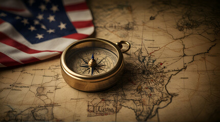Fototapeta na wymiar American flag and compass on treasure map on the table for Colombus Day.generative.ai