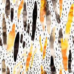 Watercolor trendy seamless pattern in yellow, orange, black and white colors.