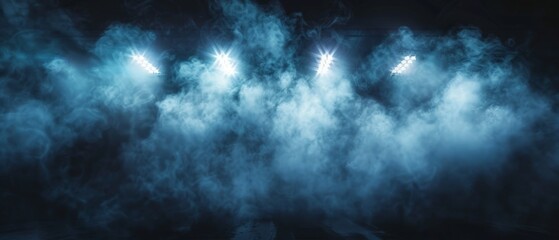 An array of bright stage lights cuts through a thick layer of mist, creating a mysterious and captivating atmosphere.