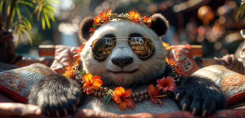 A panda bear wearing sunglasses and a flower necklace sits in a chair.